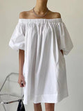 Amfeov White One-shoulder Puff Sleeve Cotton Dress