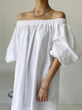 Amfeov White One-shoulder Puff Sleeve Cotton Dress