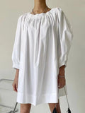 Amfeov White One-shoulder Puff Sleeve Cotton Dress