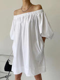 Amfeov White One-shoulder Puff Sleeve Cotton Dress