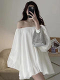 Amfeov Soft Silk White One-shoulder Long Puff Sleeve Dress