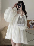 Amfeov Soft Silk White One-shoulder Long Puff Sleeve Dress