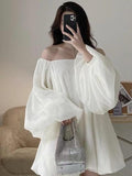 Amfeov Soft Silk White One-shoulder Long Puff Sleeve Dress