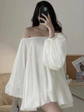 Amfeov Soft Silk White One-shoulder Long Puff Sleeve Dress