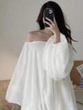 Amfeov Soft Silk White One-shoulder Long Puff Sleeve Dress