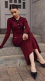 christmas outfit Amfeov 2025 Fashion Burgundy Lapel Ruffles Knitted Midi Dress Women's Elegant Skinny Buttons Flare Sleeved Robe New Female Chic Vestido