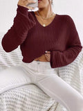 christmas outfit Amfeov Long Sleeves Loose Solid Color Split-Joint V-Neck Pullovers Sweater Tops