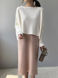 christmas outfit Amfeov Batwing Sleeves High-Low Solid Color Boat Neck Knitwear Pullovers Sweater