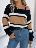 christmas outfit Amfeov Long Sleeves Loose Asymmetric Contrast Color Split-Joint Striped Cold Shoulder Sweater Tops