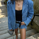 cold weather outfits Amfeov 2024 Spring Summer Casual Women Denim Blazers Fashion Vintage Solid Shrug Loose Single Breasted Chic Ladies Blazers