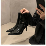 Amfeov Sexy Women's Patent Leather Pointed Toe Boots, Short Ankle Boots, Thin High Heels, Black, Red, Beige, Back Zipper