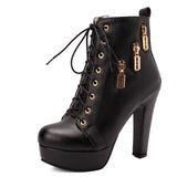 cold weather outfits Amfeov Ladies Boots Ankle 10.5cm Round Toe Platform 2.5cm High Block Heel 12cm Lace-up Decoration Big Size 34-50