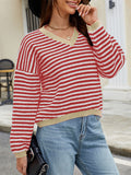 christmas outfit Amfeov Long Sleeves Loose Contrast Color Jacquard Striped V-Neck Pullovers Sweater Tops