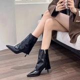 Amfeov Ankle Boots Women Black Beige Brown Microfiber Leather Women Short Boots Pointed Toe Stiletto High Heel Winter Ladies Boots