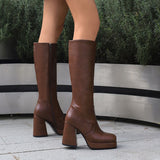 cold weather outfits Amfeov Women Knee High Boots Toe Block Heels 10cm Platform 2.5cm Big Size 43 Concise Female Bota