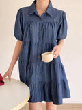 Amfeov Lapel Collar Puff Sleeve Denim Dress