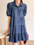 Amfeov Lapel Collar Puff Sleeve Denim Dress