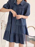 Amfeov Lapel Collar Puff Sleeve Denim Dress