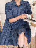 Amfeov Lapel Collar Puff Sleeve Denim Dress