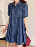 Amfeov Lapel Collar Puff Sleeve Denim Dress