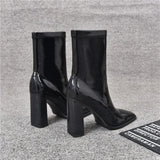 Amfeov Brand Women Shoes 2024 New Black Patent Leather Fashion Square Toe Women's Boots Comfor Thick Heel Ladies High Heel Ankle Boots