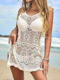 christmas outfit Amfeov Boho Crochet Cami Side Split Dress Beach Cover Up Scoop Neck Eyelet Hollow Solid Color Cover Up Dress Without Bikini