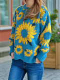 christmas outfit Amfeov Long Sleeves Loose Contrast Color Knitted Flower Split-Joint Round-Neck Pullovers Sweater Tops