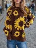 christmas outfit Amfeov Long Sleeves Loose Contrast Color Knitted Flower Split-Joint Round-Neck Pullovers Sweater Tops