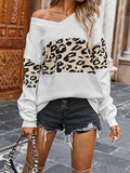 christmas outfit Amfeov Long Sleeves Loose Leopard Split-Joint V-Neck Pullovers Sweater Tops