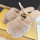 Amfeov Fashion Women Fur Slippers Sexy Peep Toe Gladiator Sandals Dress Pumps Spring Summer Strange Heel Mules High Heel Wedge Shoes