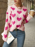 christmas outfit Amfeov Long Sleeves Loose Heart Print Jacquard Split-Joint Round-Neck Pullovers Sweater Tops