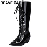 cold weather outfits Amfeov Patent Leather Women Knee High Boots Pointed Toe Chunky Heel 6.5cm Lace Up Decor Size 44 45 46 Booties