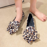 Amfeov Lady Plus Size Chinese  Bow-Knot Flats Leopard Printed Flock Tender Pointy Toe Women Leisure Shoes To Match Bags Italy Brown