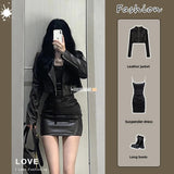 cold weather outfits Amfeov 2024 Autumn New Women's Cropped Leather Jacket Tank Dress Slimming Bodycon Skirt Trendy Fashionable Female Dress Set