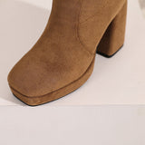 cold weather outfits Amfeov Women Knee High Boots Flock Suede Round Toe Block Heels 9cm Platform 2cm Slip On 45 46 47 Concise Daily Female Booties