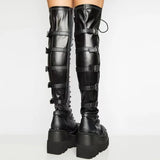 Amfeov Brand Design Big Size 43 Shoelaces Cosplay Motorcycles Boots Buckles Platform Wedges High Heels Thigh High Boots Women Shoes