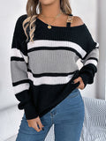 christmas outfit Amfeov Long Sleeves Loose Asymmetric Contrast Color Split-Joint Striped Cold Shoulder Sweater Tops