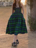 Amfeov Retro Green Plaid Waist Backless Slip Dress