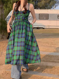 Amfeov Retro Green Plaid Waist Backless Slip Dress