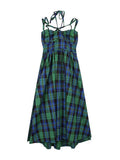 Amfeov Retro Green Plaid Waist Backless Slip Dress