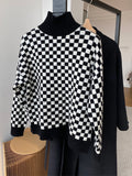 christmas outfit Amfeov Long Sleeves Loose Contrast Color Plaid High Neck Pullovers Sweater Tops