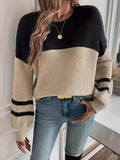 christmas outfit Amfeov Long Sleeves Loose Contrast Color Split-Joint Round-Neck Pullovers Sweater Tops