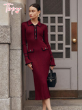 christmas outfit Amfeov 2025 Fashion Burgundy Lapel Ruffles Knitted Midi Dress Women's Elegant Skinny Buttons Flare Sleeved Robe New Female Chic Vestido