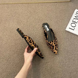 Amfeov Women Slippers Pointed Toe Leopard Design Shallow Slip on Thin Low Heels Black Flock Design Casual Mules Loafers Black Outdoor