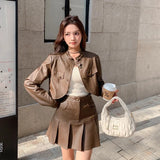 cold weather outfits Amfeov Coffee Color PU Leather Jacket And Skirt Set 2024 New Women's Autumn Miu System Chic Pleated Skirt Loose 2-Piece Set