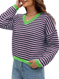 christmas outfit Amfeov Long Sleeves Loose Contrast Color Jacquard Striped V-Neck Pullovers Sweater Tops