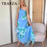 cold weather outfits Amfeov 2024 Spring Summer Casual Print Women Dresses Fashion Beach Style Floral Diagonal collar Slim Camisole Trumpet Long Dress