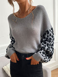 christmas outfit Amfeov Loose Puff Sleeves Leopard Split-Joint V-Neck Sweater Tops