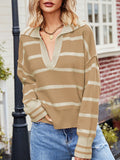 christmas outfit Amfeov Long Sleeves Loose Contrast Color Split-Joint Striped V-Neck Pullovers Sweater Tops