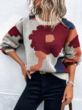 christmas outfit Amfeov Loose Puff Sleeves Asymmetric Knitted Flower Split-Joint Round-Neck Sweater Tops